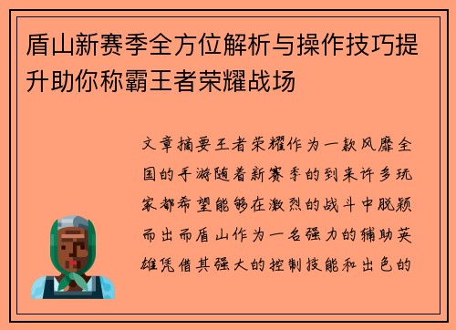 盾山新赛季全方位解析与操作技巧提升助你称霸王者荣耀战场